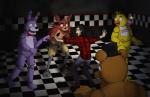 anthro female fur glowing glowing_eyes group hook machine male simple_background subduedmoon five_nights_at_freddy's real_world scottgames bonnie_(fnaf) chica_(fnaf) cupcake_(fnaf) foxy_(fnaf) freddy_(fnaf) markiplier animatronic avian bear bird canid canine chicken fox galliform gallus_(genus) human lagomorph leporid mammal phasianid rabbit robot