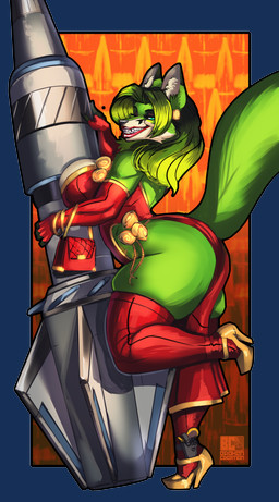 anthro armwear big_breasts bomb breasts clothed clothed_anthro clothed_female clothing dress elbow_gloves explosives female fingerless_gloves footwear fur gloves green_body green_fur green_hair gun hair handgun handwear high_heels holster huge_breasts legwear lips lipstick looking_at_viewer makeup multicolored_body multicolored_fur pistol purse ranged_weapon red_armwear red_clothing red_dress red_elbow_gloves red_gloves red_handwear red_legwear red_lipstick red_thigh_highs shoes skindentation solo teal_eyes thick_lips thick_thighs thigh_highs two_tone_body two_tone_fur weapon white_body white_fur yellow_clothing yellow_footwear yellow_high_heels djpuppeh canid canine fox mammal 2026 absurd_res alpha_channel hi_res