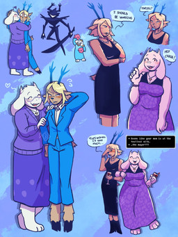 3_toes anthro antlers barefoot black_bottomwear black_clothing black_skirt blonde_hair blue_antlers blue_clothing blue_jacket blue_nose blue_topwear blush bottomwear bovid_horn caprine_horn cheerleading_pose clothing cloven_hooves deer_antlers deer_ears feet female female/female fur gem goat_horn group hair hand_behind_head holding_glass holding_object hooves horn hug jacket jewelry necklace paws pearl_(gem) pearl_necklace plantigrade purple_bottomwear purple_clothing purple_jacket purple_skirt purple_topwear scut_tail short_tail skirt smile tail text toes topwear trio white_body white_fur pescaoendemoniao deltarune undertale_(series) carol_holiday roaring_knight toriel bovid caprine deer goat mammal 3:4 english_text hi_res
