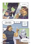 2021 ?! anthro barbell bear bench_press big_bulge blush bodily_fluids bottomwear bulge cal_(kumammoto) clothed clothing comic detailed_bulge dialogue emanata english_text equid equine erection erection_under_clothing exercise eyes_closed genital_outline gesture group hair hand_gesture hand_on_hip heart_after_text heart_symbol horse inside kumammoto_(artist) legwear looking_at_bulge lying male mammal muscular muscular_anthro muscular_male on_back page_number pants penis_outline polar_bear shirt smile smirk speech_bubble standing sweat tank_top text text_with_heart thumbs_up tight_clothing topwear trio ursine weightlifting working workout