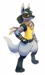 anthro biped black_body black_fur blue_body blue_fur brooch fur male pose red_eyes scarf smile solo standing tail yellow_body yellow_fur haychel nintendo pokemon pokemon_mystery_dungeon spike_chunsoft canid canine generation_4_pokemon lucario mammal pokemon_(species) digital_media_(artwork)