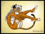 2007 anthro black_border border breasts conditional_dnp curled_up digital_media_(artwork) exposed felid female fluff-kevlar genitals k'sharra mammal nipples nude pantherine pawpads pussy solo stripes tail tiger