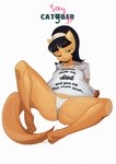 accessory anthro bangs barefoot biped black_hair breasts clothed clothing clothing_pull feet female front_view frown green_eyes hair hair_accessory hairband half-closed_eyes lidded_eyes long_tail looking_at_viewer narrowed_eyes orange_body panties pulling_shirt shirt shirt_pull sitting solo spread_legs spreading t-shirt tail tan_body text text_on_clothing text_on_shirt text_on_topwear thick_thighs topwear topwear_pull underwear unimpressed white_clothing white_panties white_shirt white_topwear white_underwear wide_hips feliscede catober catober_2022 nickelodeon t.u.f.f._puppy kitty_katswell domestic_cat felid feline felis mammal 2022 absurd_res digital_media_(artwork) full-length_portrait hi_res portrait