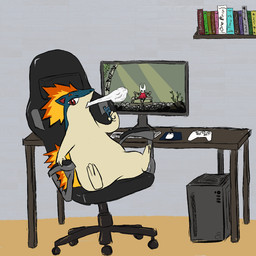 ambiguous_gender angry chair computer computer_keyboard computer_monitor computer_mouse cross-popping_vein desk electronics feral floor furniture gaming gaming_chair inside mousepad on_chair shelf sitting sitting_on_chair solo stressed table text vape vaping wall_(structure) wall_shelf white_sclera krekel hollow_knight:_silksong hollow_knight_(franchise) nintendo pokemon team_cherry hornet_(hollow_knight) generation_2_pokemon pokemon_(species) quilava 1:1 digital_drawing_(artwork) digital_media_(artwork) english_text