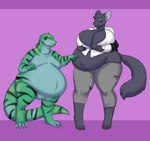 3_toes 4_toes 5_fingers anthro arms_bent barefoot belly belly_overhang big_belly big_breasts black_blush black_body black_clothing black_fur black_stripes black_tail black_topwear blue_eyes blush bottomwear breasts brown_eyes brown_pupils cleavage clothed clothed_anthro clothed_female clothing collarbone dressing duo eye_contact featureless_chest feet female female_anthro fingers fist fur green_body green_scales green_spines green_tail grey_bottomwear grey_clothing grey_pants head_spines huge_breasts larger_anthro larger_female long_tail looking_at_another male male_anthro markings moobs multicolored_body multicolored_scales nervous_smile nipple_outline nude_anthro nude_male obese obese_anthro obese_female obese_male overweight overweight_anthro overweight_female overweight_male pants poking_belly poking_stomach pupils purple_background scales simple_background size_difference smaller_anthro smaller_male smile smiling_at_another smiling_at_partner striped_markings striped_tail stripes struggling_to_fit tail tail_markings teasing thick_thighs thin_eyebrows toes topwear torn_bottomwear torn_clothing torn_pants white_dress_shirt wide_hips rileyomalley mythology bishui_long maria_(nichara) aquatic_dragon chinchilla chinchillid dragon mammal marine mythological_creature mythological_scalie rodent scalie 2019 colored digital_drawing_(artwork) digital_media_(artwork) english_description hi_res shaded