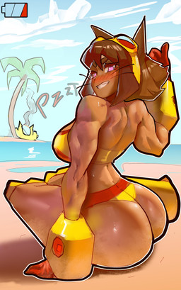 athletic athletic_female back_muscles biceps big_butt bikini bikini_bottom bikini_top blush breasts brown_hair butt clothing eyewear eyewear_on_head female fire gesture glistening glistening_body glistening_butt goggles goggles_on_head hair hand_gesture looking_at_viewer looking_back looking_back_at_viewer low_battery muscular muscular_female palm_tree pink_eyes plant side_boob sitting sitting_on_ground smile smoke solo swimwear tan_body tan_skin thumbs_up tree two-piece_swimsuit whiskers euac gameoverse glitch_productions kit_bodega animal_humanoid cat_humanoid felid felid_humanoid feline feline_humanoid humanoid mammal mammal_humanoid 2026 absurd_res digital_drawing_(artwork) digital_media_(artwork) hi_res