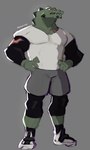 anthro bottomwear chest_scar clothed clothing facial_scar footwear fully_clothed hands_on_hips male muscular pants pose scar sharp_teeth shirt shoes shorts solo teeth topwear white_clothing white_shirt white_topwear mayvector crocodile crocodilian reptile scalie signature