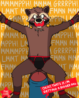 angry ball_gag bdsm big_ball_gag blush bodily_fluids bondage bound briefs bulge clothing dialogue drooling drunk duo first_person_view forced gag gagged genitals humanoid_genitalia humanoid_penis interrupted_speech male male/male muffled muzzle_(object) penis polygonal_speech_bubble rape restraints rope rope_bondage saliva sex size_difference speech_bubble substance_intoxication text underwear vowelless vowelless_vocalization ollieotty smallsavant guardians_of_the_galaxy marvel blackjack_o'hare rocket_raccoon lagomorph leporid mammal procyonid rabbit raccoon absurd_res english_text hi_res