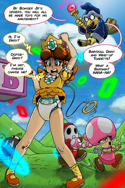 blue_eyes blush bodily_fluids bomb broom broom_riding brown_hair chasing cleaning_tool clothing diaper doll_joints dollification explosives eyewear female footwear frilly frilly_clothing fuse genital_fluids glasses grass group hair high_heels hill letter_block magic_spell magic_user magic_wand male nervous nervous_sweat open_mouth plant plastic pull_string robe scared sharp_teeth shoes sparkles speech_bubble sweat tears teeth text toy_block toyification unclean_diaper urine used_diaper voice_box wearing_glasses wet_diaper wind-up_key yellow_body yellow_skin pizzabagel mario_bros nintendo kamek princess_daisy toadette amphibian bob-omb frog human koopa magikoopa mammal red_shyguy scalie shyguy toad_(frog) 2:3 english_text hi_res