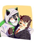 anthro blush clothing duo embarrassed eyebrows hood male male/male necktie suit thick_eyebrows utu_kuma257 lifewonders live_a_hero dog_operator monomasa protagonist_(live_a_hero) canid canine canis domestic_dog husky mammal nordic_sled_dog spitz bust_portrait hi_res portrait