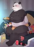 anthro arms_bent bag barazoku bed bent_legs beverage blush bottle briefs bulge chips_(food) clothing cola container controller crossed_legs cup fast_food food food_container furniture game_controller gaming holding_controller holding_game_controller holding_object inside kemono leg_over_edge looking_aside male mouth_hold obese obese_male object_in_mouth over_edge overweight overweight_male paper_bag plastic plastic_bottle plastic_container playing_video_game playstation_controller potato_chips product_placement sitting soda soda_bottle solo tucked_leg underwear wireless_controller quanjiang dualshock dualshock_4 mcdonald's playstation playstation_4 pocky sony_corporation sony_interactive_entertainment bear giant_panda mammal absurd_res hi_res