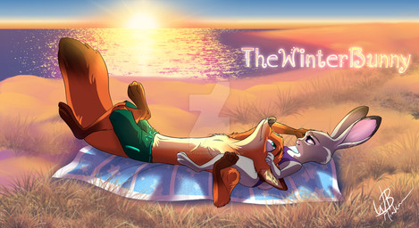 anthro beach chest_tuft clothed clothing cloud cuddling detailed_background duo female fur grey_body grey_fur looking_back lying male on_back on_towel one-piece_swimsuit orange_body orange_fur outside sand seaside sky smile sunset swimming_trunks swimwear topless towel tuft thewinterbunny disney zootopia judy_hopps nick_wilde canid canine fox lagomorph leporid mammal rabbit red_fox true_fox 2017 hi_res