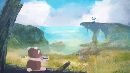 black_body black_fur brown_body brown_fur chibi detailed_background duo fur kemono multicolored_body multicolored_fur outside sitting two_tone_body two_tone_fur white_body white_fur araru bear giant_panda mammal 2020 hi_res