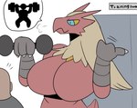 3_fingers ambiguous_gender anthro big_breasts biped breasts clothed clothing dumbbell duo featureless_breasts female fingers fur mouth_closed multicolored_body red_body red_tail simple_background speech_bubble standing tail text weights yellow_body yellow_fur yellow_sclera inumatori nintendo pokemon blaziken generation_3_pokemon human mammal pokemon_(species)