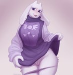 anthro clothed clothing clothing_lift dress dress_lift female front_view fur genitals horn long_ears looking_at_viewer panties panties_down partially_clothed purple_eyes pussy simple_background solo standing underwear underwear_down white_background white_body white_fur maxmushroom undertale undertale_(series) toriel boss_monster_(undertale) bovid caprine mammal 2022 absurd_res hi_res portrait three-quarter_portrait