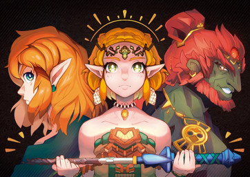 5_fingers beard eyebrows facial_hair female fingers group hair holding_melee_weapon holding_object holding_sword holding_weapon humanoid_pointy_ears male melee_weapon not_furry pointy_ears sword trio weapon diadantist nintendo tears_of_the_kingdom the_legend_of_zelda ganondorf link princess_zelda humanoid hylian hi_res