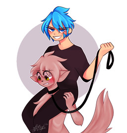 anthro bdsm blue_eyes blue_hair blush clothed clothing collar dominant duo fur grin hair holding_leash holding_object leash male master master/pet petplay pink_body pink_fur pink_hair roleplay simple_background smile submissive tail yellow_eyes prxnzeice twokinds keith_keiser trace_legacy basitin human mammal digital_media_(artwork)