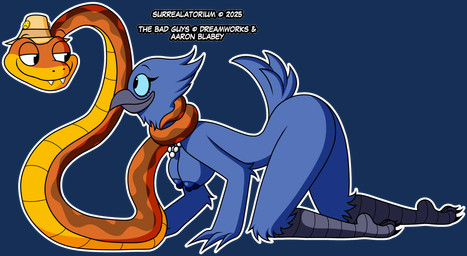 all_fours anthro ass_up beak blue_body blue_feathers blue_sclera breasts brown_body brown_scales clothing coiling coiling_another coiling_around_neck duo eye_contact fangs feathers female feral gem hat headgear headwear jewelry looking_at_another male male/female necklace nipples nude pearl_(gem) pearl_necklace scales simple_background smile tail tail_feathers teeth transparent_background surrealatorium dreamworks the_bad_guys doom_(the_bad_guys) mr._snake_(the_bad_guys) avian bird corvid corvus_(genus) oscine passerine raven reptile scalie snake 2025 absurd_res alpha_channel hi_res