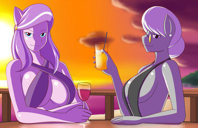 alcohol anthro anthrofied beach beverage blue_eyes breasts cleavage clothed clothing cloud container cup dress drinking_glass drinking_straw duo ear_piercing female glass glass_container glass_cup grey_hair hair holding_glass holding_object ice outside piercing purple_eyes purple_hair sea seaside sky sunset water wine wine_glass marik_azemus34 friendship_is_magic hasbro my_little_pony diamond_tiara_(mlp) silver_spoon_(mlp) earth_pony equid equine horse mammal pony 2014