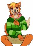 5_fingers anthro clothing fingers fur hoodie looking_at_viewer male open_mouth orange_body orange_fur purple_eyes simple_background solo teeth tongue topwear white_background gonewiththefart canid canine fox mammal digital_media_(artwork)