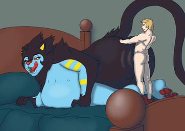 all_fours anthro bed big_breasts black_body black_fur blonde_hair blue_body blue_fur breasts doggystyle duo female from_behind_position fur furniture hair huge_breasts larger_female licking licking_lips male male/female markings pale_skin penetration red_sclera sex size_difference smaller_human smaller_male tongue tongue_out vaginal vaginal_penetration yellow_eyes yellow_markings skueeeakerz nintendo pokemon nina_(zurg101) ryan_(zurg_101) generation_4_pokemon human luxray mammal pokemon_(species) hi_res