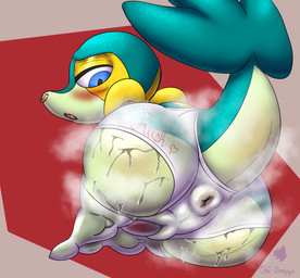 animal_genitalia anus big_butt blue_eyes blush bodily_fluids butt butt_focus clothing collar dialogue dialogue_box facial_piercing feet genital_fluids genital_slit genitals gold_(metal) gold_jewelry huge_butt implied_transformation jewelry legwear looking_at_viewer looking_back musk nose_piercing nose_ring nude panties penis piercing presenting presenting_hindquarters puffy_anus raised_tail ring_piercing seductive simple_background small_penis speech_bubble steam stockings sweat sweaty_butt sweaty_genitalia tail underwear wet wet_clothing wet_underwear wide_hips conditional_dnp ori-doggo nintendo pokemon zoom_(ori-doggo) generation_5_pokemon pokemon_(species) snivy absurd_res hi_res