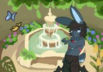 anthro blue_body blue_fur bottomwear clothing detailed_background flower fountain fur group male outside pants plant solo_focus bloowolfy hope_(bloowolfy) amphibian arthropod beetle butterfly cucujoid frog insect ladybug lagomorph lepidopteran leporid mammal rabbit 2022 trans_(lore) trans_man_(lore)