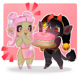anthro bell birthday_cake black_sclera blush cake candle clasped_hands clothing dessert duo female food fool's_hat footwear gold_(metal) gold_jewelry hat headgear headwear hooves horn jewelry legwear leotard male pattern_clothing pink_eyes pom_poms red_eyes shoes simple_background stockings striped_clothing stripes tail tail_tuft tuft goosia toro_(nerobeasts) bovid caprine demon goat goblin humanoid mammal hi_res
