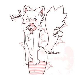 anthro bell bell_collar big_tail black_eyes black_nose bodily_fluids clothing collar direction_lines disembodied_hand exclamation_point femboy fluffy fluffy_tail fur hand_on_tail inner_ear_fluff legwear long_tail looking_at_viewer motion_lines open_mouth paws pink_clothing pink_collar pink_inner_ear pink_legwear pink_stripes pink_thigh_highs sharp_teeth stripes surprised sweat tail teeth text thigh_highs tuft when_you_see_it white_body white_clothing white_fur white_legwear white_stripes white_tail white_thigh_highs white_tuft oderox silly_cat_(mauzymice) domestic_cat felid feline felis mammal 1:1 2025 artist_name