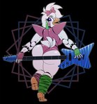 anthro beak big_breasts big_butt black_background bracelet breasts butt clothing eyelashes facial_markings feathers female fingerless_gloves gloves green_clothing green_gloves green_handwear green_legwear handwear head_feathers head_markings head_tuft jewelry legwear leotard looking_at_viewer looking_back looking_back_at_viewer machine markings open_mouth pattern_clothing pattern_legwear pink_bow pink_clothing pink_gloves pink_handwear pink_legwear pink_leotard purple_eyes rear_view shoulder_pads simple_background solo spiked_bracelet spikes striped_clothing striped_legwear stripes tail tail_feathers thick_thighs tuft white_body white_feathers wide_hips blindstash five_nights_at_freddy's five_nights_at_freddy's:_security_breach scottgames steel_wool_studios glamrock_chica animatronic avian bird chicken galliform gallus_(genus) phasianid robot absurd_res hi_res