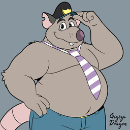 4_fingers accessory anthro belly big_belly biped bottomwear clothing fingers fur grey_body grey_fur hat headgear headwear humanoid_hands male moobs necktie overweight overweight_male pants simple_background smile solo standing gigizadragon brok_the_investigator cowcat_games guard_(brok_the_investigator) mammal murid murine rat rodent 1:1 2026 hi_res