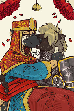 anthro armor bell blonde_hair chainmail clothing duo ears_up female flower hair hidden_eyes holding_another holding_partner kissing kissing_cheek knight looking_at_another looking_at_partner male male/female plant red_flower red_rose robe rose_(flower) smile smiling_at_another smiling_at_partner strong_fat warrior mawkvlt spoon_(spoonchomper) trofim_wolverine_(mawkvlt) gulonine mammal mustelid musteline wolverine 2:3 hi_res