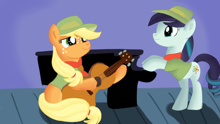 acoustic_guitar clothing cutie_mark duo female feral freckles grand_piano guitar hair hat headgear headwear keyboard_instrument musical_instrument piano playing_guitar playing_music playing_piano plucked_string_instrument smile string_instrument young young_feral jbond friendship_is_magic hasbro my_little_pony applejack_(mlp) coloratura_(mlp) earth_pony equid equine horse mammal pony 16:9 widescreen