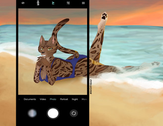 anthro beach clothing female one-piece_swimsuit seaside solo sunset swimwear text water evolucifer felid feline leopardus mammal ocelot english_text hi_res photography_(artwork)