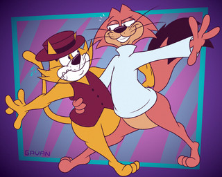 abstract_background anthro bodily_fluids bottomless clothed clothing dancing dipstick_tail duo fur hat headgear headwear holding_partner leg_between_thighs male markings one_leg_up pink_body pink_fur raised_leg smug sweat sweater tail tail_markings toony topwear vest worried yellow_body yellow_fur gavanzude hanna-barbera top_cat_(series) choo-choo_(top_cat) top_cat domestic_cat felid feline felis mammal alternate_version_at_paywall digital_drawing_(artwork) digital_media_(artwork) hi_res signature