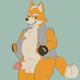 anthro balls big_balls big_penis clothed clothing dipstick_tail erection eyebrows fingerless_gloves genitals glans gloves green_background green_eyes grin handwear looking_at_viewer male markings moobs nipples overweight overweight_male partially_clothed penis pink_glans simple_background smile solo standing tail tail_markings topwear vein veiny_penis vest whiskers camp14 nintendo star_fox fox_mccloud canid canine fox mammal 1:1 hi_res