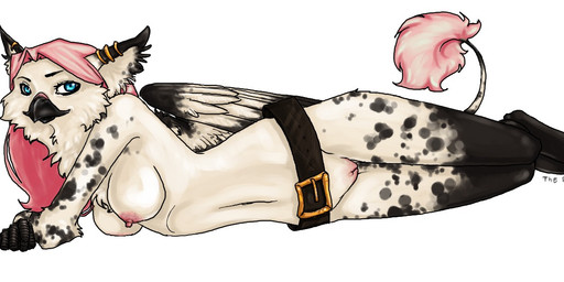 anthro beak belt blue_eyes breasts feet female genitals hair looking_at_viewer nipples non-mammal_breasts non-mammal_nipples piercing pink_hair simple_background solo tail talons toes vulva white_background wings the_ferret mythology avian gryphon mythological_avian mythological_creature source_request