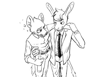 anthro arm_around_shoulders belt bottle bottomwear clothed clothing collared_shirt container dress_shirt drunk duo eye_contact hair jacket looking_at_another male necktie open_clothing open_jacket open_topwear pants shirt simple_background standing substance_intoxication topwear white_background ffog aggretsuko sanrio haida_(aggretsuko) tadano_(aggretsuko) asinus donkey equid equine hyena mammal spotted_hyena 2020 absurd_res black_and_white hi_res monochrome