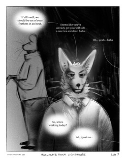 anthro big_ears black_nose border bottomwear clothing collared_jacket dialogue duo jacket male pants speech_bubble text topwear whiskers white_border sharkinthepark kennedy_(sharkinthepark) matheson_(sharkinthepark) canid canine fox mammal mouse murid murine rodent 2025 4:5 absurd_res comic english_text greyscale hi_res monochrome