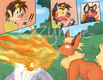 ambiguous_gender blush burning duo eyewear feral fire glasses grass male plant sky transformation tree izzyhime nintendo pokemon jaki-kun_(character) canid canine eeveelution felid feline flareon generation_1_pokemon generation_7_pokemon human litten mammal pokemon_(species) 2016 watermark