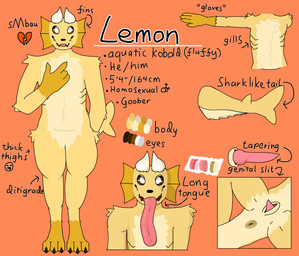 animal_genitalia anthro anus butt color_swatch digitigrade featureless_crotch fin fluffy fur genital_slit genitals gills horn knot long_tongue male open_mouth orange_body orange_fur penis presenting presenting_anus shark_tail solo spread_legs spreading tail tail_anus tapering_penis text tongue tongue_out tuft yellow_body yellow_fur goobrr lemon_(goobrr) aquatic_kobold kobold scalie absurd_res english_text hi_res model_sheet