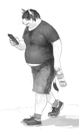 anthro athletic_wear belly black_hair bodily_fluids bottle bottomwear clothing container electronics exercise footwear fur hair holding_object holding_phone looking_at_object looking_at_phone male open_mouth overweight overweight_anthro overweight_male phone shirt shoes shorts socks solo sweat topwear walking water_bottle white_body white_fur cettus natan_osorio_suarez domestic_cat felid feline felis mammal 2022 black_and_white hi_res monochrome shaded soft_shading