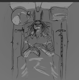 anthro bed front_view furniture hair long_hair lying male male_anthro melee_weapon mouth_closed nipples on_back pillow solo sword under_blanket weapon jezzlen chuy_(jezzlen) asinus donkey equid equine mammal monochrome sketch