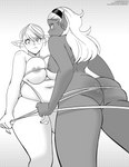 big_breasts big_butt breasts butt dark_body dark_skin featureless_crotch female not_furry nude tape_measure text laundrymom plus-sized_elf elfuda_(plus-sized_elf) kuroeda_(plus-sized_elf) elf humanoid 2022 greyscale hi_res monochrome url