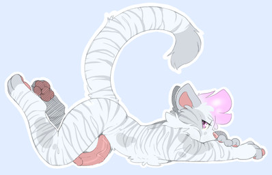 anthro balls big_penis biped erection feet fur genitals hair hindpaw humanoid_genitalia humanoid_penis looking_at_viewer lying male nude on_front pawpads paws penis pink_eyes simple_background solo stripes white_body white_fur backsash sash_(backsash) felid mammal pantherine tiger 14:9 2019 digital_media_(artwork) hi_res