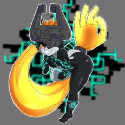armor bent_over big_butt black_body blue_markings blush blush_lines breasts butt clothing eyelashes featureless_breasts female front_view fused_shadow gesture grey_background grey_body hair hand_gesture headgear headwear helmet humanoid_pointy_ears long_hair looking_at_viewer markings navel ok_sign one_eye_obstructed orange_hair pointy_ears ponytail prehensile_hair red_eyes simple_background smile solo thick_thighs wide_hips yellow_sclera gomi_draws nintendo the_legend_of_zelda twilight_princess midna humanoid imp twili 1:1 hi_res