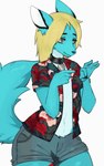 aloha_shirt anthro blonde_hair blue_body blue_fur bottomwear clothing denim denim_bottomwear denim_clothing denim_shorts femboy fur hair male pattern_clothing pattern_shirt pattern_topwear shirt shorts solo topwear yabeweny surfal_hoptokins_(jackhazardous) canid canine fox mammal vulpkanin animated short_playtime sign_language