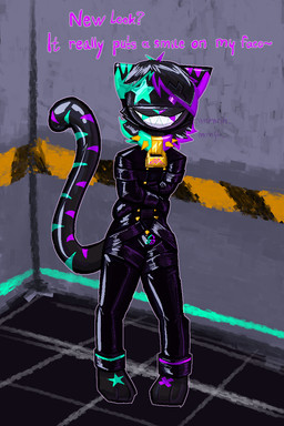 ambiguous_gender anthro arms_tied black_body black_fur black_hair bound clothing collar fur hair harness latex latex_clothing latex_skinsuit lock lock_symbol mask restraints skinsuit smile solo spiked_collar spikes straitjacket tight_clothing wearing_mask mossky nyphakosi felid feline mammal 2:3 hi_res