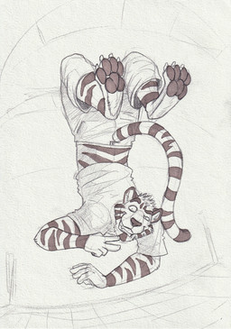 anthro bottomwear claws clothed clothing gesture grin hand_gesture looking_at_viewer male male_anthro markings pants pawpads shirt smile solo striped_arms striped_legs striped_markings striped_tail stripes t-shirt tail tail_markings toe_claws topwear v_sign hufnaar hufnaar_(character) felid mammal pantherine tiger absurd_res hi_res monochrome