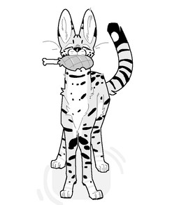 ambiguous_gender belly_tuft black_nose cheek_tuft chest_tuft claws dipstick_tail ears_up eyes_closed facial_tuft feral food_in_mouth happy markings paws solo spots spotted_body striped_markings striped_tail stripes tail tail_markings toe_claws tuft servali_sketch felid feline mammal serval aliasing digital_media_(artwork) monochrome